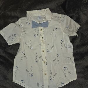 Old Navy Cream Button-Up Shirt with Blue Bunny Print and Blue Bow Tie